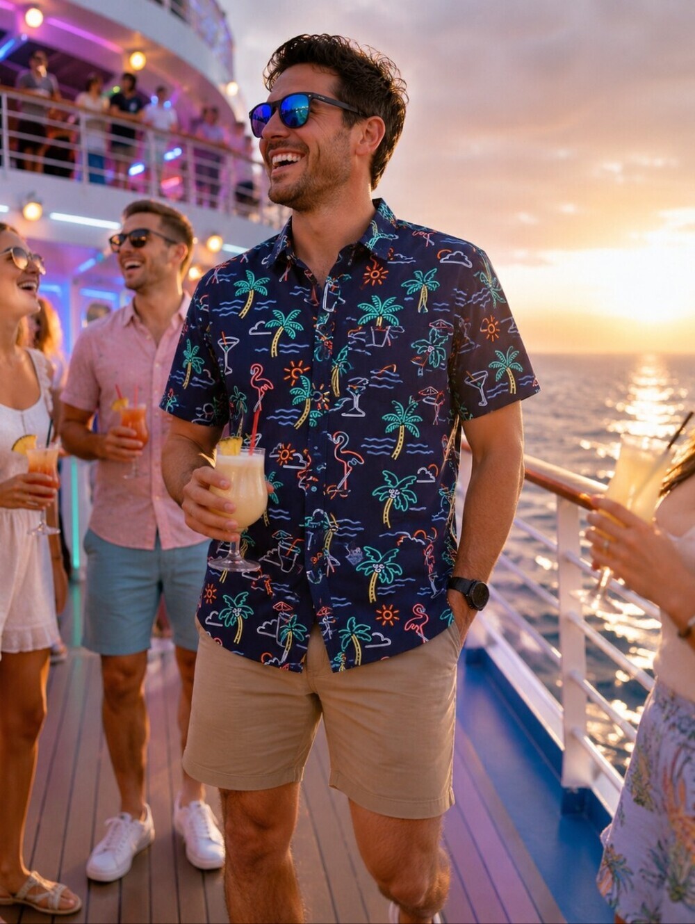 Chubbies Neon Tropical Button Front Shirt Men's Medium Flamingo Palm Tree